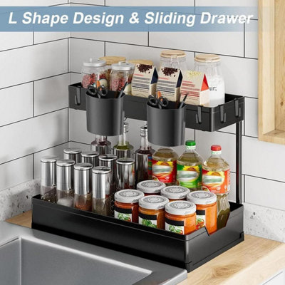  - 2 Tier Under Sink Cabinet Organiser With Pull Out Drawers And 4 Hooks Waterproof Space Saving Shelf For Bathroom Kitchen