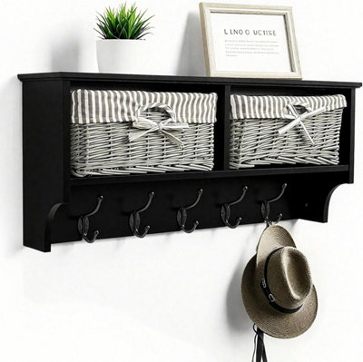 Wall Mounted Coat Rack Black Shelf With 2 Grey Wicker Baskets And 5 Double Hooks Hallway Organiser H30 X W70 X D17Cm from B&Q
