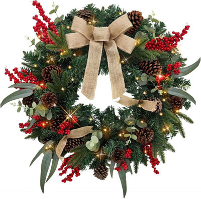 Artificial Christmas Wreath 60Cm Pre Lit With 35 Led Lights And Timer Faux Greenery With Berries Cones And Bow Battery Operated from B&Q