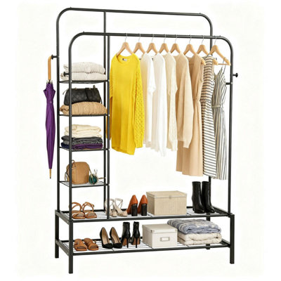 Heavy Duty Clothes Rail Double Hanging Black Metal Garment Rack With Shelves Shoe Storage And Hooks Wardrobe Organiser from B&Q
