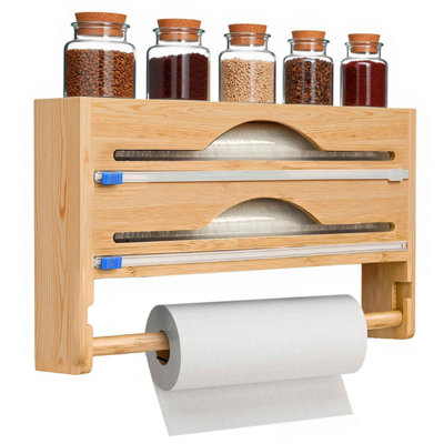 4 In 1 Wall Mounted Bamboo Foil And Cling Film Dispenser With Cutter And Roll Holder Wrap Organiser Rack Natural from B&Q