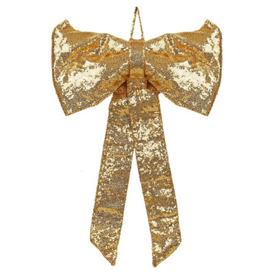 Luxury Gold Sequin Christmas Bow 40X70Cm Velvet Decorative Bow For Tree Topper Door Wreath And Garland Festive Gold from B&Q