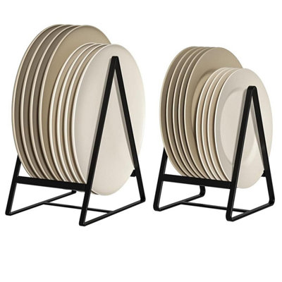  - 2 Pack Triangle Plate Holder Set Metal Dish Racks For Kitchen Cupboard Countertop Space Saving 1 Large 1 Small Black