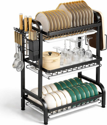  - Large 3 Tier Stainless Steel Dish Drying Rack With Drip Trays Plate Bowl Glass Drainer With Cutlery Basket - Image 2