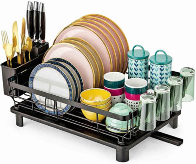 Dish Drying Rack With Cutlery Holder Black Compact Countertop Dish Drainer With Drainage Tray from B&Q