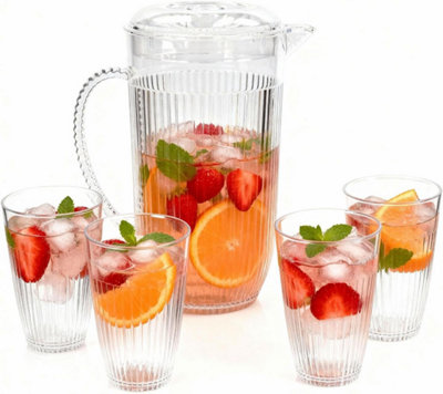 2L Plastic Pitcher And 4 Cups Set Bpa Free Water Jug With Lid Drinkware Set For Juice Flute from B&Q