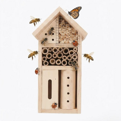  - Wooden Bug Hotel Natural Insect House Multi Habitat Wildlife Shelter With Bamboo Tubes Mesh Sections For Garden Patio Balcony