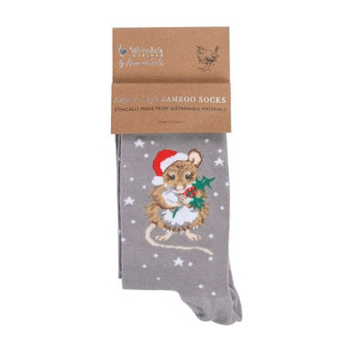 Festive Mouse Soft Grey Christmas Bamboo Socks – Wrendale Antibacterial One Size - Image 5