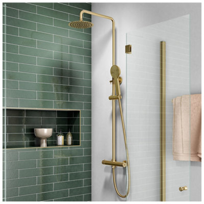 Brushed Brass Overhead Thermostatic Rigid Riser Shower Kit from B&Q