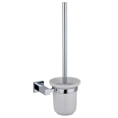 B&Q -  Salm Bathroom Modern Round Wall Mounted Toilet Brush And Holder 356X147mm Chrome Finish Durable Brass
