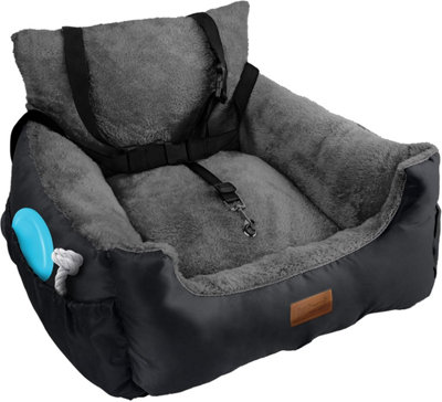 Furdreams Grey Dog Car Seat Plush & Cosy Pet Car Booster Seat For Dogs & Cats With Storage Pocket, Safety Leash, (Grey) Small B&Q