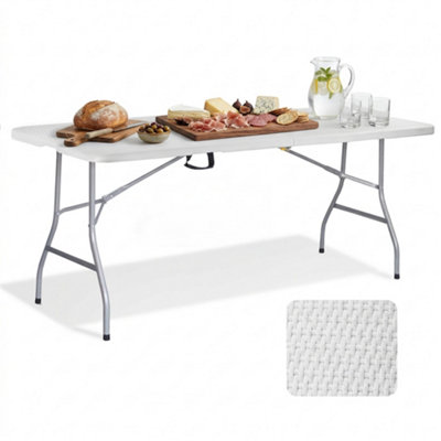 B&Q -  6Ft Folding Table With White Rattan Patterned Top,180X70X74Cm  Sturdy Metal FrameWaterproofPortable