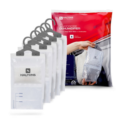 Haltons Wardrobe Dehumidifier 5 Pack Hanging Moisture Absorber Prevents Damp, Mould Leak Proof Bagcloset, Wardrobe, Bedroom