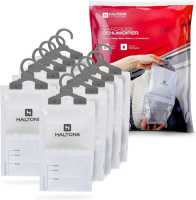 Haltons Wardrobe Dehumidifier 10 Pack Hanging Moisture Absorber Prevents Damp, Mould Leak Proof Bagcloset, Wardrobe, Bedroom