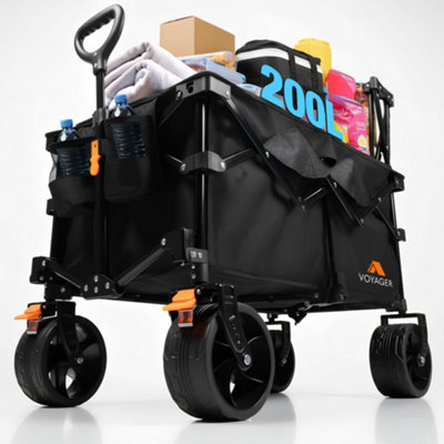 B&Q -  Black Folding Heavy Duty 200L Camping Wagon With Extra Large All-Terrain 360 Swivel WheelsWeighted Upto 150Kg