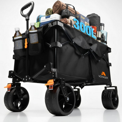 Voyager Black Folding Heavy Duty 300L Camping Wagon With Extra Large All-Terrain 360 Swivel WheelsWeighted Upto 150Kg from B&Q