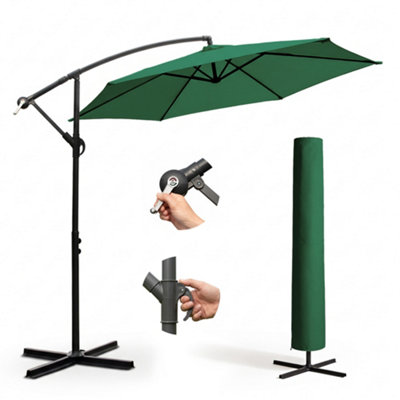 B&Q -  3M 6 Ribs Cantilever Garden Parasol Umbrella With Crank Handle & CoverUv ResistantWater-Repellent PolyesterGreen
