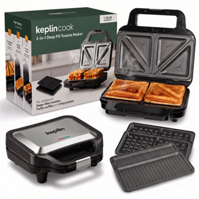 Keplin 3-In-1 Ultimate Sandwich Maker, Deep Fill Toastie Maker, Waffle Maker & Panini Press, Removable Non-Stick Plates, Silver