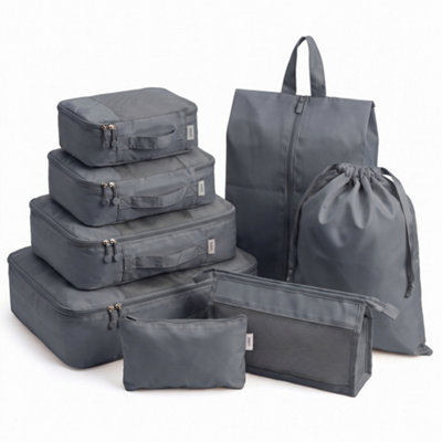 Lugg 8 Set Compression Packing Cubes For Suitcases, Lightweight 290D Polyester Waterproof Organiser Set, Gunmetal