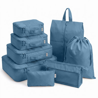B&Q -  8 Set Compression Packing Cubes For SuitcasesLightweight 290D Polyester Waterproof Organiser SetSlate Blue