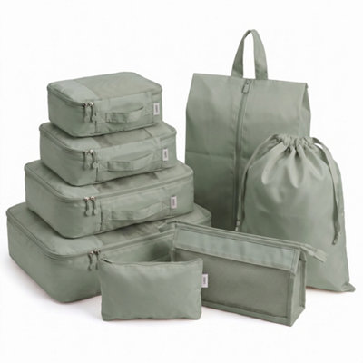 B&Q -  8 Set Compression Packing Cubes For SuitcasesLightweight 290D Polyester Waterproof Organiser SetSage Green