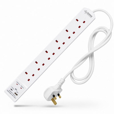 B&Q -  White Electric Extension Lead6 Gang3 Metre Cable With Uk Plug & 3 Pin SocketWall Mountable & Multi Socket