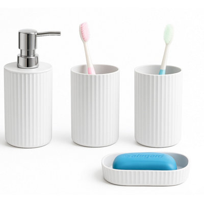 Innoteck 4 Piece Bathroom Accessory Set - Soap Dispenser, Tumbler, Soap Dish - White - Image 3