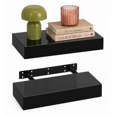 Black Floating Shelf 30cm High Gloss Set Of 2 Display Shelf - Image 3