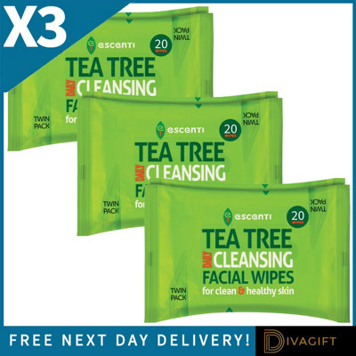 SuperGift.com 3 X Escenti Tea Tree Cleansing Facial Wipes Twin Pack 20 Wipes Per Pack from B&Q
