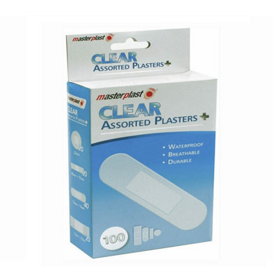 SuperGift.com 2 X Masterplast Clear Assorted Plasters 100 Pack Transparent Adhesive Bandages For Minor CutsGrazes & Everyday First Aid Care from B&Q