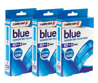 SuperGift.com 3 X Masterplast Blue Assorted Plasters 60 Pack Highly Visible Adhesive Bandages For CutsGrazesFood Preparation & First Aid Car from B&Q