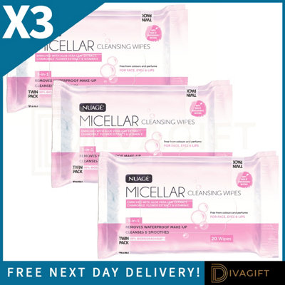 SuperGift.com 3 X Nuage 3-In-1 Micellar Cleansing Facial Wipes Twin Pack 20 Wipes Makeup RemoverFacial Cleanser & Refreshing Skincare Wipes from B&Q
