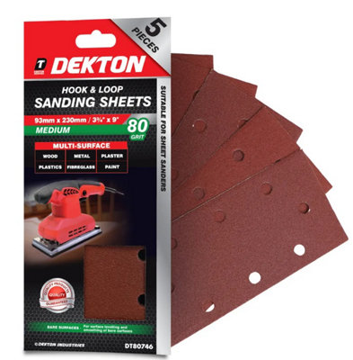B&Q -  Dekton Hook & Loop Sanding Sheets 80 Grit 5 Pack 93 X 230mm For WoodPaintPlaster & Metal Surface Preparation