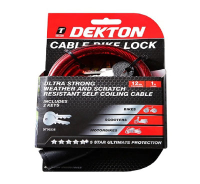B&Q -  Dekton Heavy Duty Cable Bike Lock 12mm X 1M With Key Lock For BicyclesMotorcycles & Outdoor Equipment