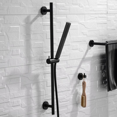 Enki Matt Black Modern Traditional Bathroom Contemporary Adjustable Pencil Hand Shower Head Flexible Hose & Slider Riser Rail Kit from B&Q