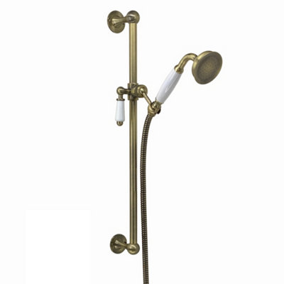 Enki Antique Brass White Ceramic Modern Traditional Bathroom Adjustable Universal Fit Swivel Bracket Shower Head Slider Rail Kit from B&Q