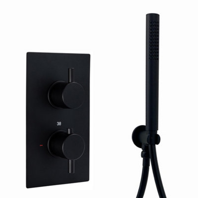 Enki Naples Matt Black Modern Bathroom Solid Brass Wall Mounted Concealed Thermostatic Shower Mixer Valve W/ Round Handset Sh0226 from B&Q