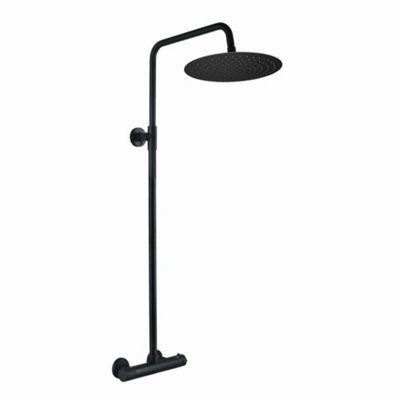 Enki Dune Matt Black Modern Bathroom Brass Steel Thermostatic Bar Mixer Valve Tap Rigid Riser Rail & Overhead Shower (Diam) 300mm from B&Q