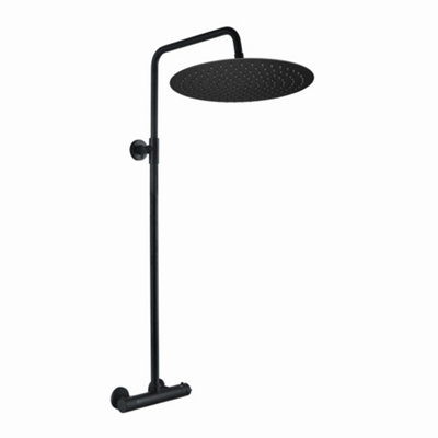 Enki Dune Matt Black Modern Bathroom Brass Steel Thermostatic Bar Mixer Valve Tap Rigid Riser Rail & Overhead Shower (Diam) 400mm from B&Q