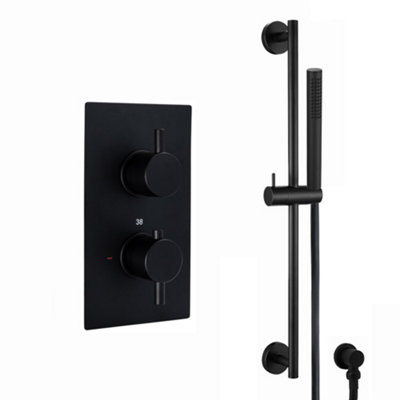 Enki Naples Matt Black Bathroom Brass Wall Mounted Concealed Thermostatic Shower Mixer Valve W/ Slider Riser Rail Kit & Handset from B&Q