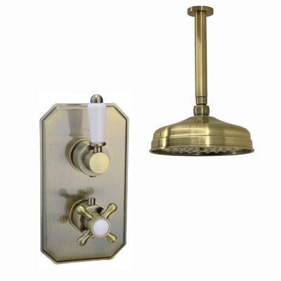 Enki Regent Antique Brass White Classic Bathroom Ceiling Mounted Thermostatic Concealed Shower Mixer Valve Set & Round Fixed Head from B&Q
