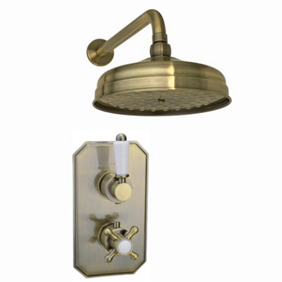 Enki Regent Antique Brass Traditional Bathroom Ceiling Mounted Thermostatic Concealed Shower Mixer Valve Set W/ Round Fixed Head from B&Q