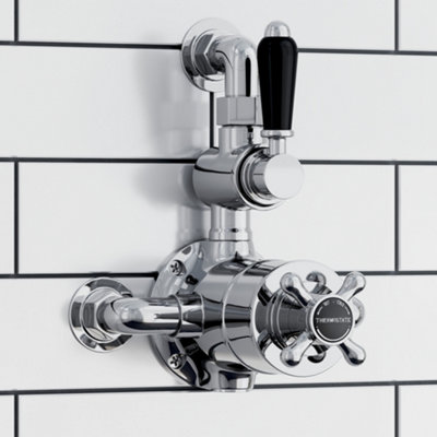 Enki Downton Chrome Black Traditional Bathroom Brass Ceramic Thermostatic Twin Valve Cross Handle Return To Wall Shower Mixer Unit from B&Q