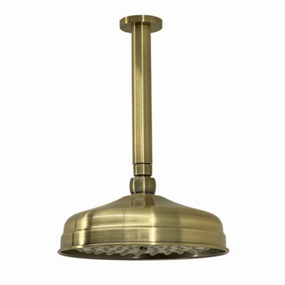 Enki Antique Brass Bathroom Wall Mounted Swivel Ball Joint Connector Round Power Rainfall Fixed Shower Head Mixer & Arm 200mm from B&Q