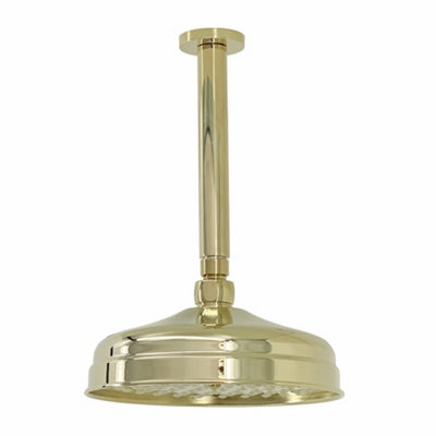 Enki Gold Traditional Bathroom Ceiling Mounted Swivel Ball Joint Round Power Rainfall Fixed Shower Head Mixer Unit & Arm 200mm from B&Q