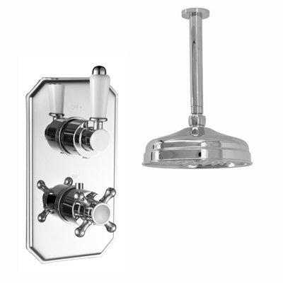 Enki Regent Chrome White Classic Bathroom Brass Ceiling Mounted Thermostatic Concealed Shower Mixer Valve Set & Round Fixed Head from B&Q