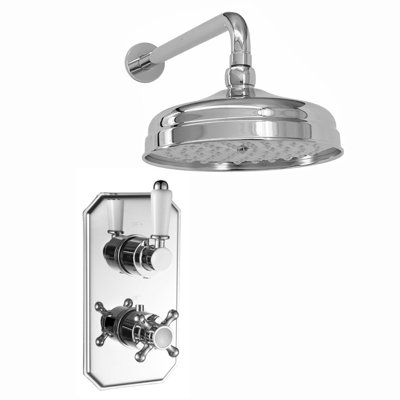 Enki Regent Chrome White Classic Bathroom Brass Wall Mounted Thermostatic Concealed Shower Mixer Valve Set W/ Round Fixed Head from B&Q