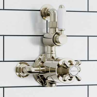 Enki Downton English Gold White Modern Bathroom Brass Ceramic Thermostatic Twin Valve Cross Handle Return To Wall Shower Mixer from B&Q