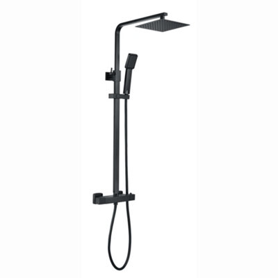 Enki Enzo Matt Black Contemporary Bathroom Brass Thermostatic 2-Outlet Shower Set W/ Fixed Head Handset & Riser Rail Kit 200mm from B&Q