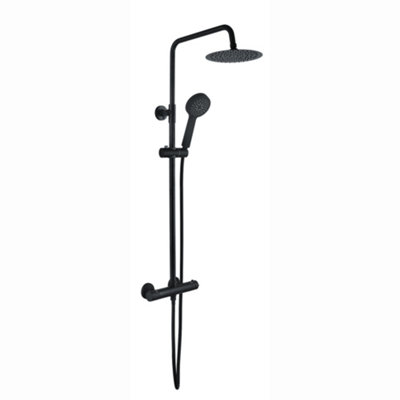 Enki Dune Matt Black Modern Bathroom Brass Thermostatic Valve 2-Outlet Shower Set W/ Riser Rail Handset & Fixed Head (Diam) 200mm from B&Q